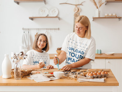 Mother's Day-Themed T-Shirt Mockup of a Girl and Her Mom Cooking Together