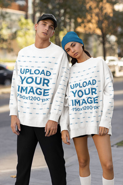 Mockup Featuring a Couple Wearing Oversized Sweatshirts