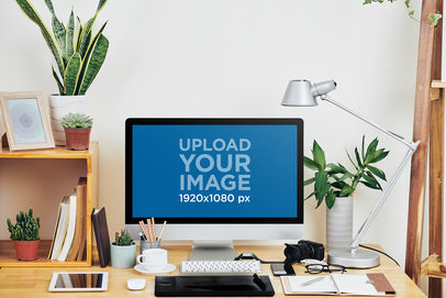 Mockup of an iMac Placed Over a Wooden Desk Featuring Plants and a Gray Lamp m11386-r-el2
