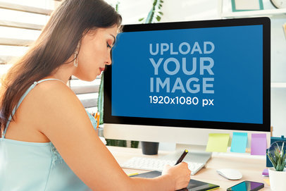 Mockup of an iMac Featuring a Woman Writing Notes m18118-r-el2