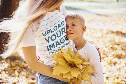 T-Shirt Mockup Featuring a Woman Hugging Her Son 