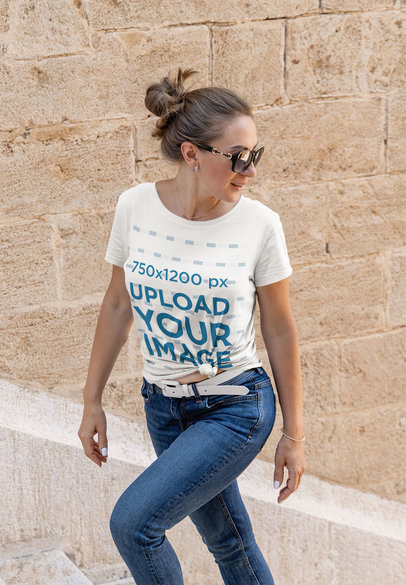 Mockup of a Woman with Sunglasses and a Knotted T-Shirt