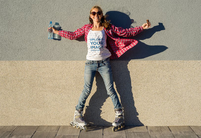 Tank Top Mockup of a Woman with Roller Skates Raising Her Arms