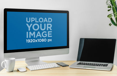 Mockup of an iMac Placed Over a Wooden Table Featuring a Phone and a Laptop m18203-r-el2