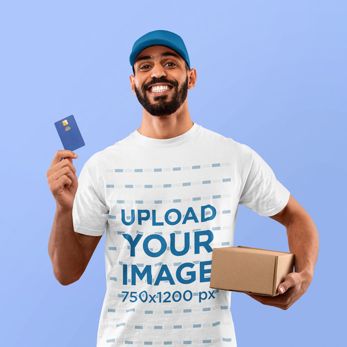 T-Shirt Mockup of a Delivery Man Ready to Take a Credit Card Payment