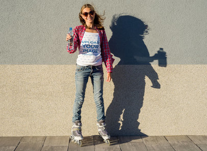Tank Top Mockup of a Woman with Roller Skates Holding a Water Bottle