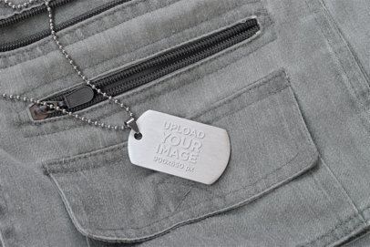 Military Dog Tag Mockup Featuring a Cargo Denim Garment