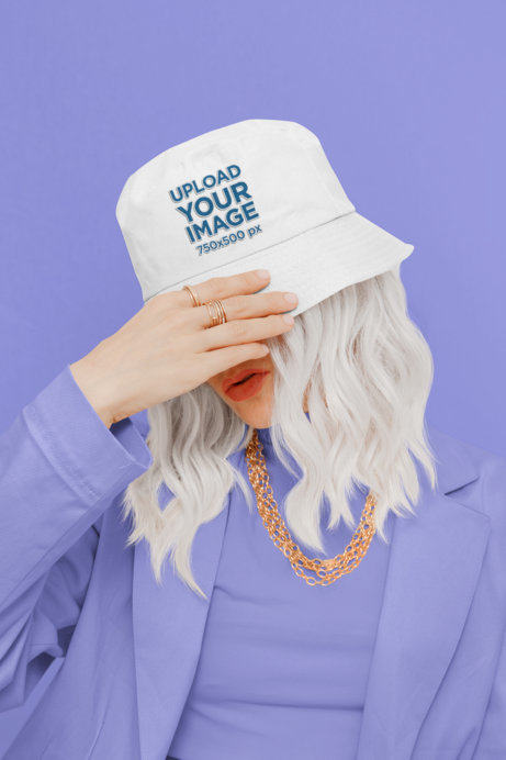 Mockup of a Woman with White Hair Wearing a Bucket Hat