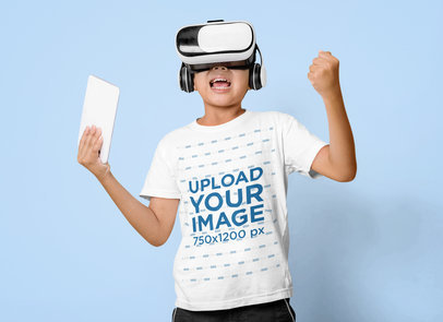Round-Neck Tee Mockup of a Boy Playing with a VR Device M24234-r-el2