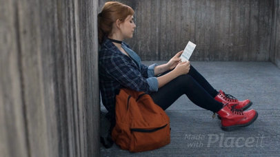 Pretty Redhaired Woman Sitting Down While Holding A Flyer Video Mockup