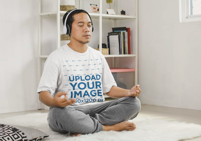 T-Shirt Mockup of Man With Headphones Doing Yoga in His Room m25362-r-el2