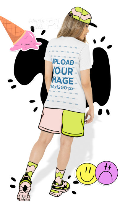 Back View T-Shirt Video Featuring a Woman Wearing Illustrated Garments 