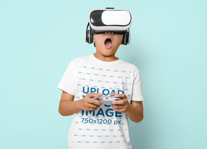 T-Shirt Mockup of a Surprised Kid Wearing a VR Headset and Holding a Controller m24137-r-el2