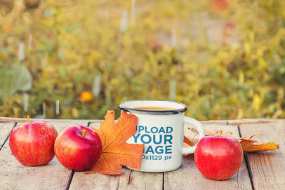 Enamel Mug Mockup Featuring Apples and Autumn Leaves