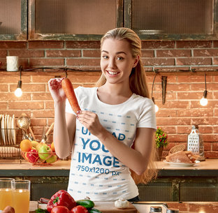 T-Shirt Mockup Featuring a Woman Holding a Carrot in the Kitchen m20297-r-el2