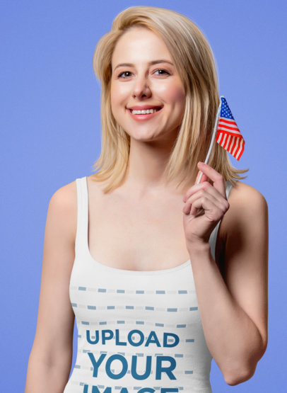Tank Top Mockup of a Happy Woman with a Tiny American Flag