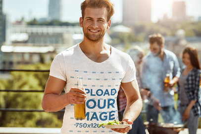 Mockup of a Man Wearing a Heathered T-Shirt at a Barbecue