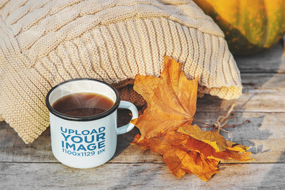 Enamel Coffee Mug Mockup Featuring Some Autumn Leaves