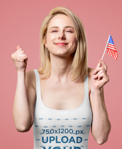 Tank Top Mockup Featuring an Excited Woman Holding a Little American Flag