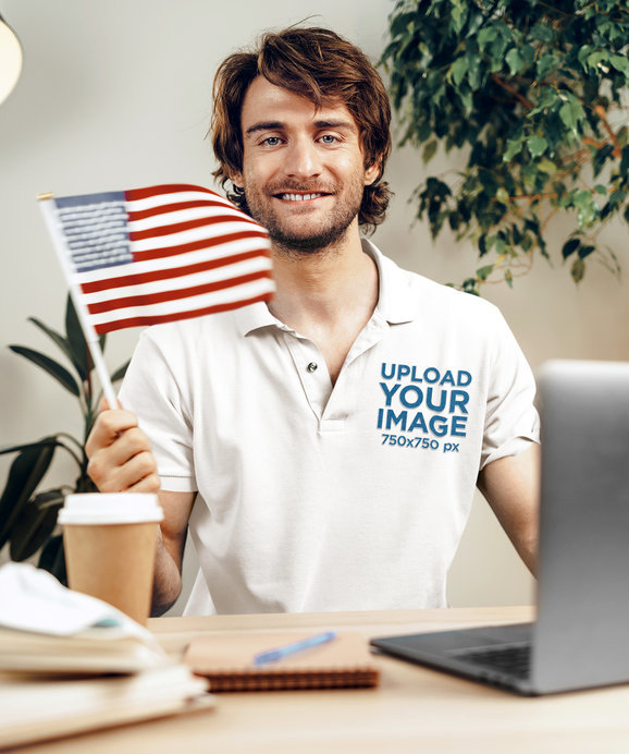 Polo Shirt Mockup Featuring a Happy Man Holding a Small American Flag