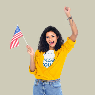 T-Shirt Mockup of a Woman Celebrating the 4th of July in a Studio m26092-r-el2