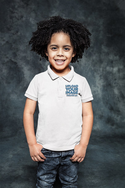 Polo Shirt Mockup Featuring a Curly-Haired Boy in a Studio