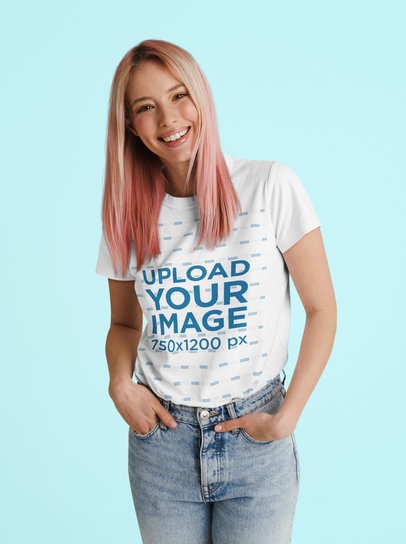 T-Shirt Mockup of a Rose-Gold-Haired Woman Wearing Jeans
