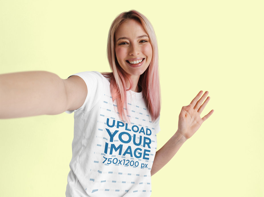 T-Shirt Mockup of a Young Woman with Rose-Gold Hair