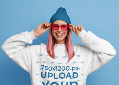 Sweatshirt Mockup of a Woman With Pink Sunglasses in a Studio