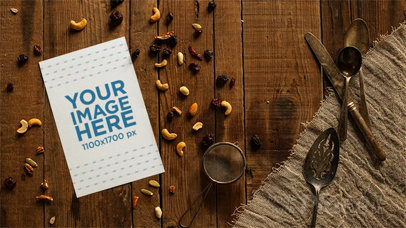 Flyer on a Wooden Table With Bread Disappearing Stop Motion