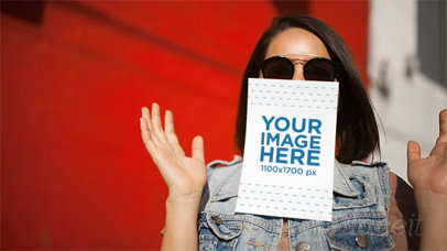 Trendy Woman Holding Flyer on her Nose Without Using her Hands Stop Motion