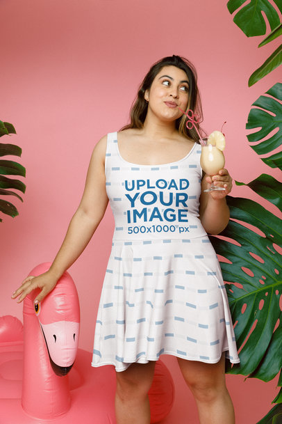 Skater Dress Mockup of a Woman Drinking a Cocktail m25646