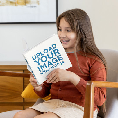 Mockup of a Girl Reading a Square Book at Home