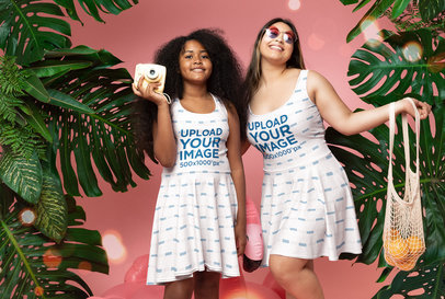 Skater Dress Mockup Featuring a Woman and a Girl Posing Happily at a Summer-Themed Studio