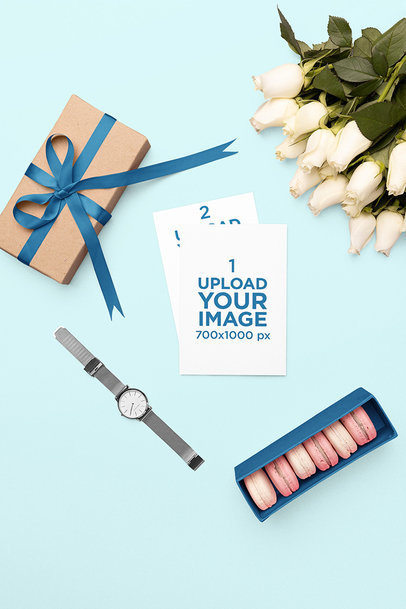 Greeting Card Mockup Featuring Some Gifts and Flowers