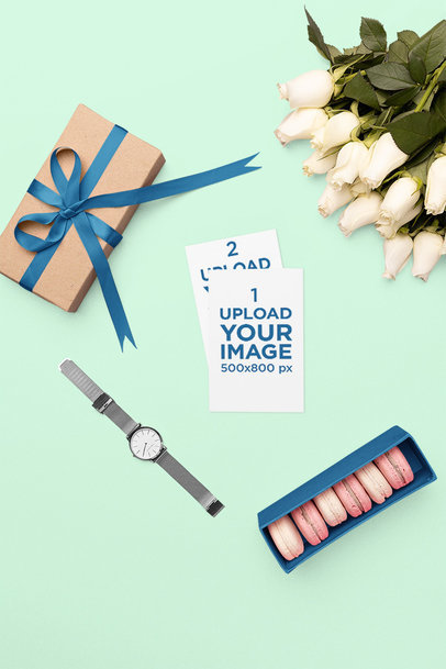 Mockup of Two Greeting Cards Placed Around Some Flowers and Presents m26986