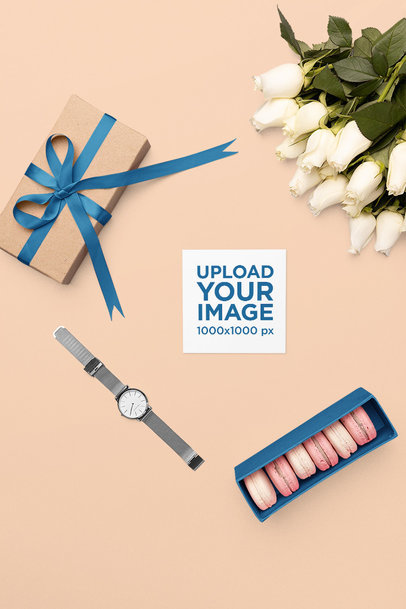 Mockup of a Greeting Card Surrounded By a Gift and Flowers m26993