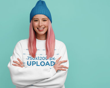 Round-Neck Sweatshirt of a Smiling Woman with Pink-Dyed Hair