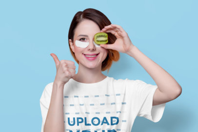 Round-Neck Tee Mockup of a Woman Wearing Kiwi-Infused Eye Bag Patches m23074 r-el2