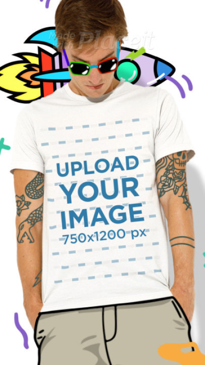 Video of a Man Wearing a T-Shirt Featuring an Animated Flying Rocket Illustration