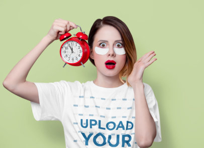 T-Shirt Mockup of a Woman with Under-Eye Patches Holding an Alarm Clock m22940 r-el2