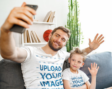 V-Neck Tee Mockup of a Happy Dad Taking a Selfie with His Son