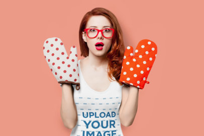 Deep V-Neck Tee Mockup Featuring a Woman with Oven Gloves m23340 r-el2