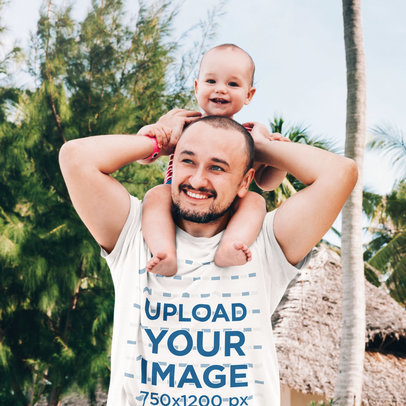 T-Shirt Mockup of a Dad Carrying His Baby on His Shoulders