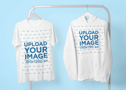 Mockup of a T-Shirt and a Hoodie on a Hanger and Against a Colorful Background m25564-r-el2