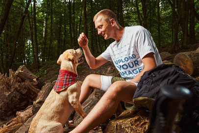 T-Shirt Mockup of a Hiker Playing with His Dog m15969-r-el2
