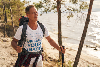 T-Shirt Mockup Featuring a Man Hiking Near the River