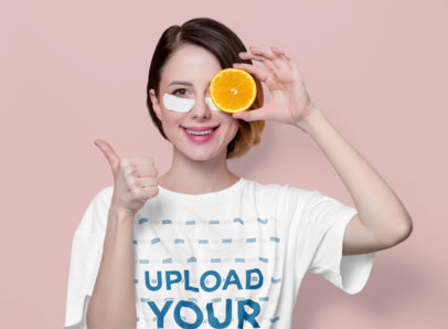 T-Shirt Mockup of a Woman Wearing Under-Eye Patches in a Studio m22936-r-el2