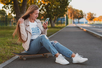 Crop Top Mockup of a Woman Sitting on a Board in the Street