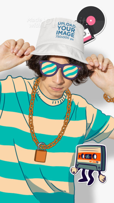 Bucket Hat Video of a Man Wearing Animated Cartoon Sunglasses and a Golden Chain